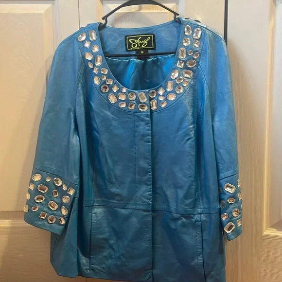 Sharif Studio vintage blue leather coat with rhinestones - plus size, drag - Picture 1 of 6